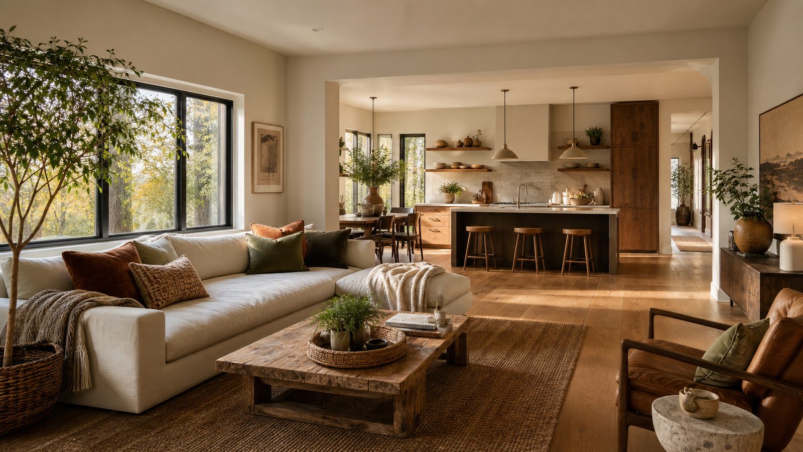 Sunlit renovated open-plan living space with warm oak floors and styled furnishings