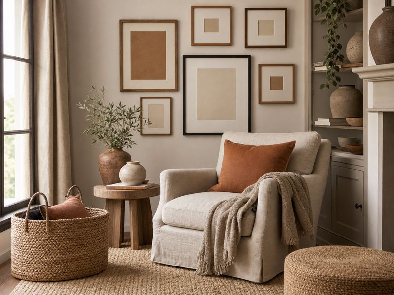 Styled reading corner with linen armchair, ceramics and layered textiles after a home decor refresh