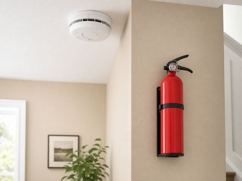 Smoke detector and fire extinguisher neatly mounted on an interior wall