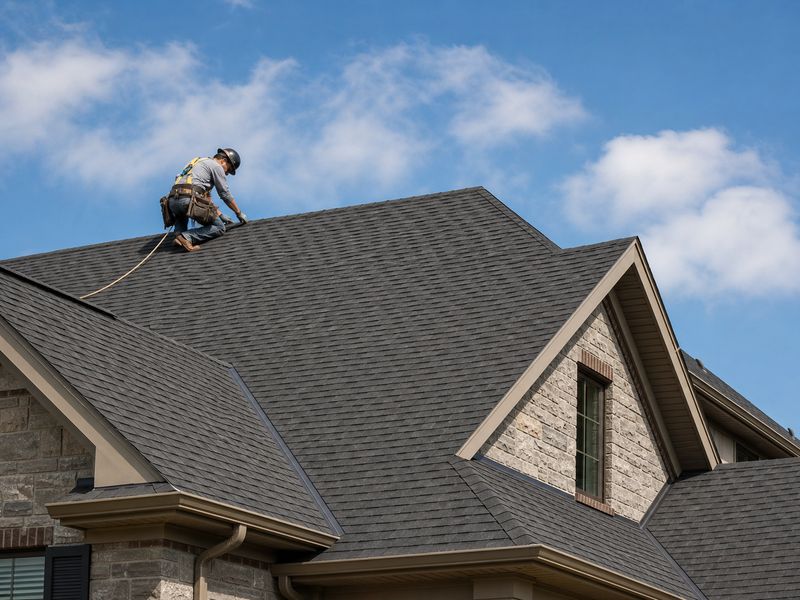 Craftsman installing new architectural shingles on a residential roof under a blue sky