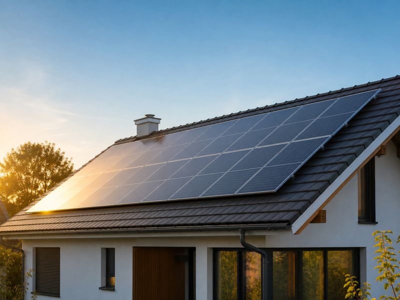 Solar panel array installed on the roof of a modern suburban home in warm evening light