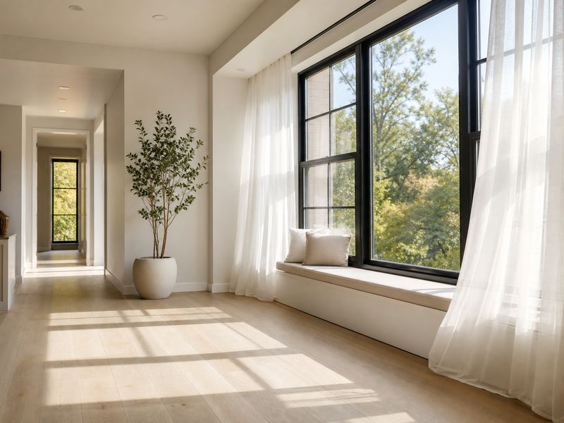 Bright renovated room with new large black-framed replacement windows and sheer curtains